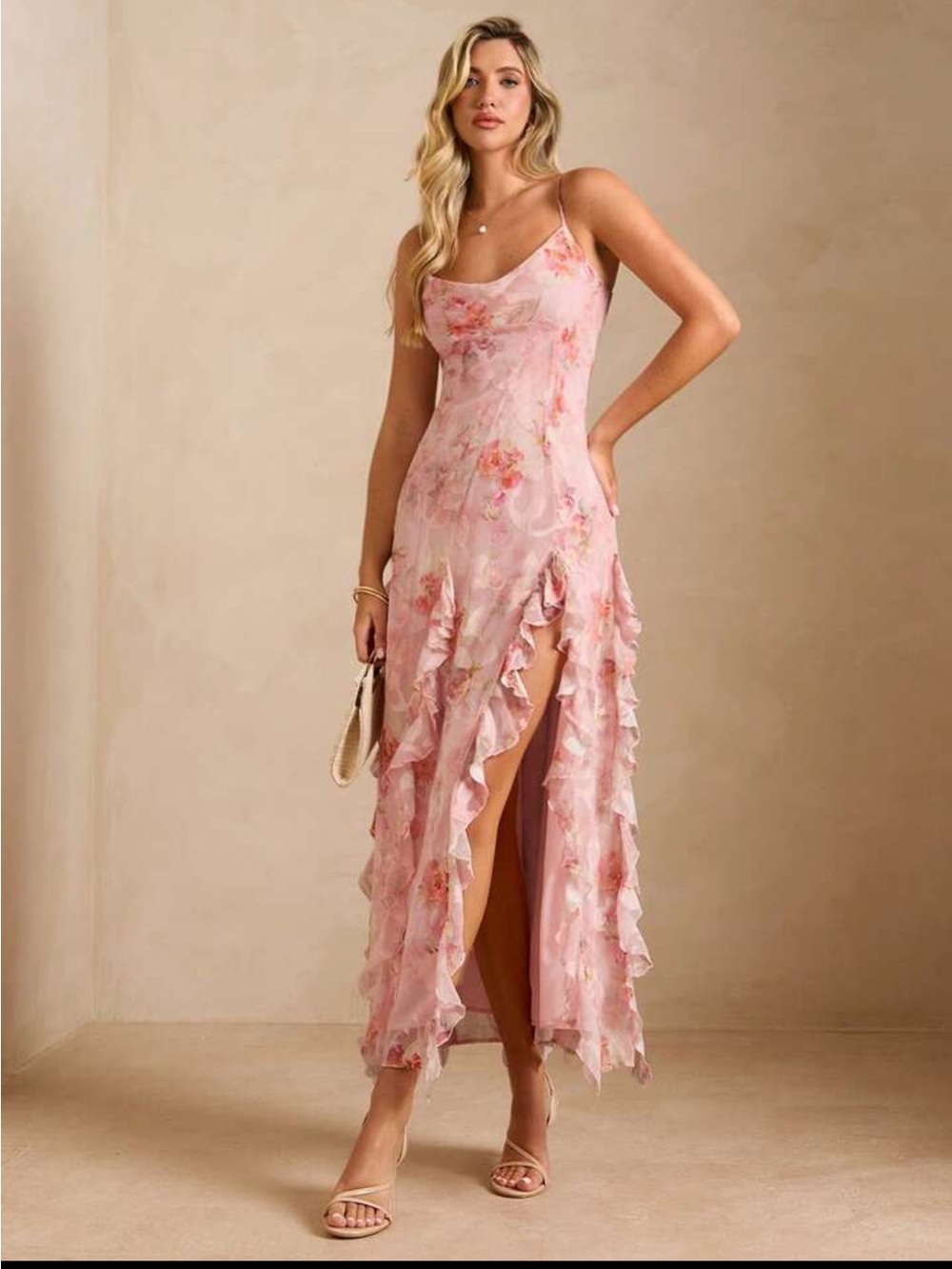 Shein Enchnt Elegant Pink Floral Maxi Dress Spaghetti Strap Asymmetrical Hem